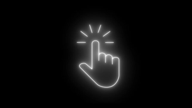 Glowing neon hand mouse cursor icon on black background. hand cursor with click and accent.Mouse pointer hand click icon.Technology interface animation.
