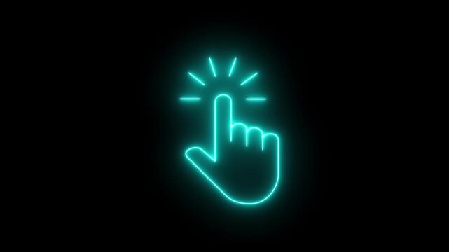 Glowing neon hand mouse cursor icon on black background. hand cursor with click and accent.Mouse pointer hand click icon.Technology interface animation.