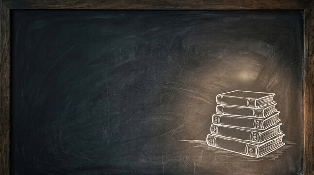 A stack of books drawn on a blackboard with white chalk in classroom