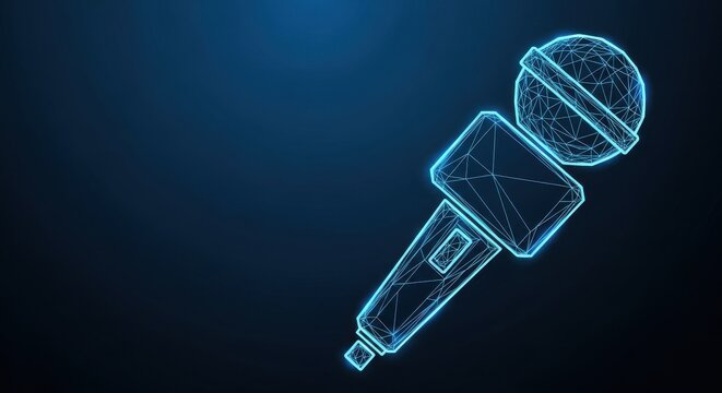 Futuristic Wireframe Microphone Icon with Neon Blue Glow on a Dark Digital Background