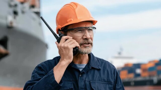 Middle aged male worker wearing safety helmet and glasses using walkie talkie for communication at busy industrial shipping port with cargo ship in background