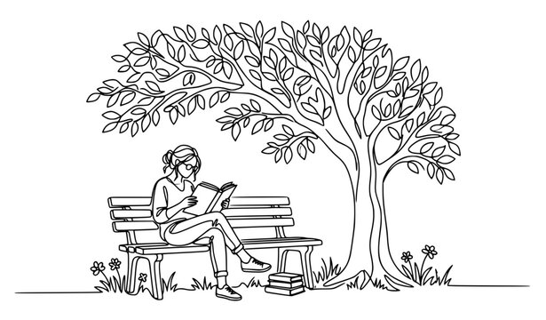 Person reading book under tree continuous line art vector illustration with peaceful nature concept