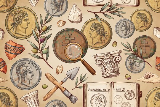 Archaeological excavation pattern with ancient roman coins, broken pottery shards, marble column fragments, magnifying glass, brushes, and field notes