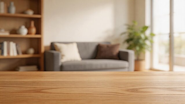 Empty wooden table top in modern living room interior with blurred sofa bookshelf and window background suitable for product display mockup home decoration lifestyle and furniture