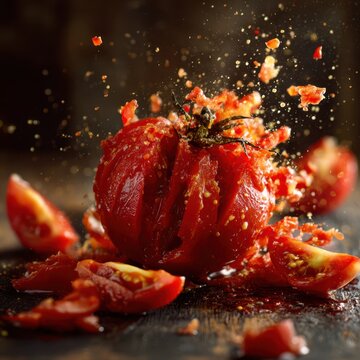 Close-up of smashed tomato with vivid red juice spray