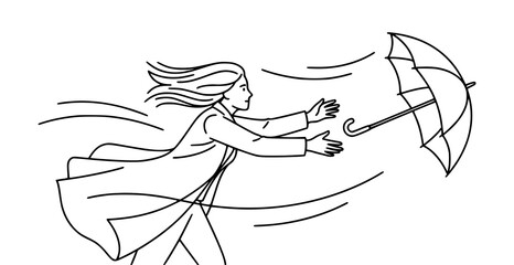 Obraz premium Woman struggling to hold onto an umbrella in strong winds on a stormy day