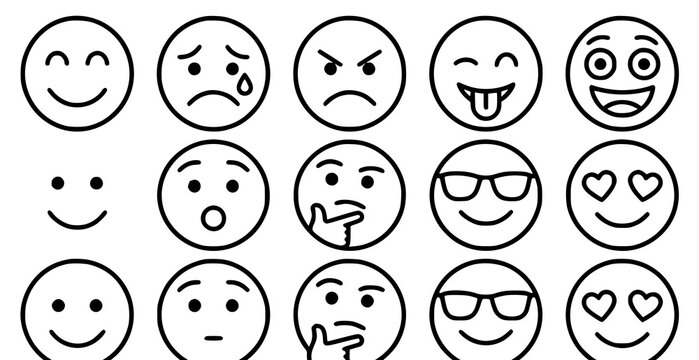 Collection of black and white line art emoticons representing diverse human emotions and expressions