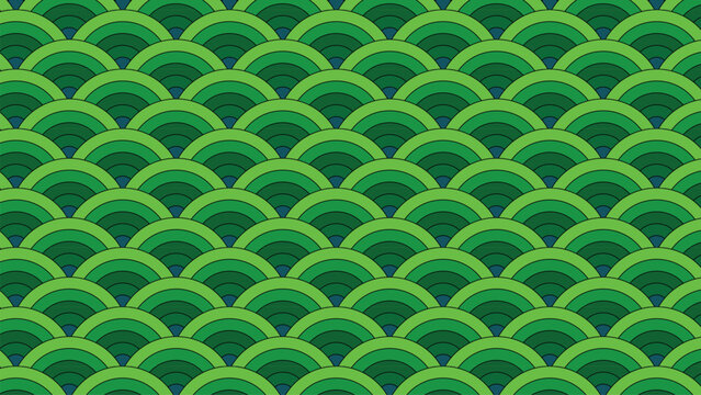 Seamless pattern of green and blue overlapping scales, abstract geometric background for design, decoration, and digital art.