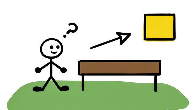 Minimalist stick figure character with question mark thinking about an object or obstacle.