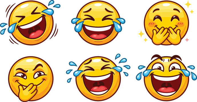 Cute yellow emoji faces sticker set showing laughing crying with joy and giggling expressions vector illustration for social media and marketing