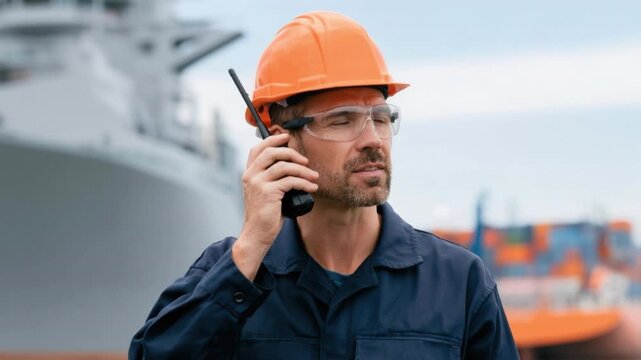 Male engineer or worker in safety helmet and protective glasses using walkie talkie at industrial dockyard or port with cargo ship in background