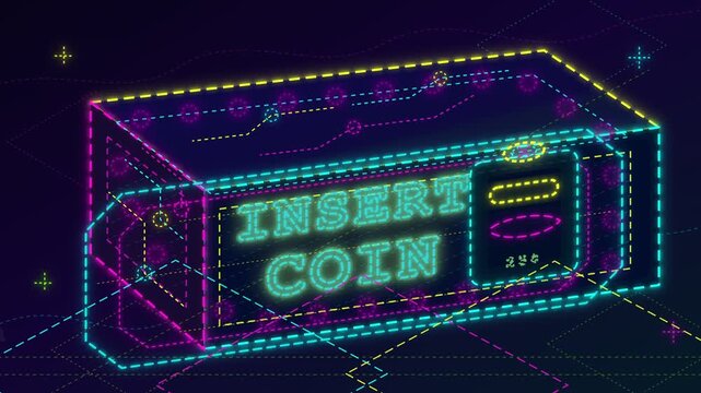 Retro Arcade Machine Insert Coin Neon Sign Wireframe Illustration.