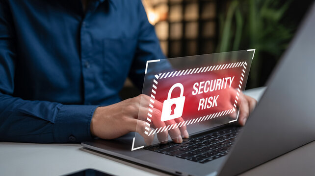 Businessman using laptop computer with warning security risk alert interface.
