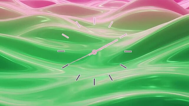 Dynamic clock hands on a glossy pink and green liquid wave pattern