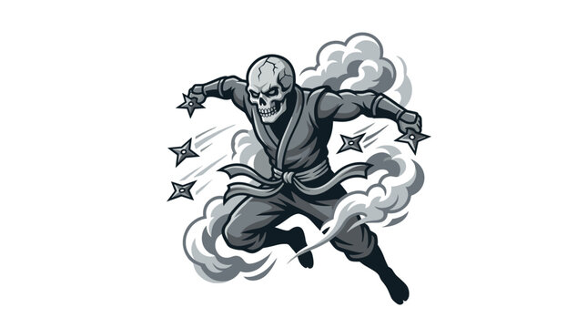 Skeleton Ninja Warrior Throws Shuriken Stars in Smoke.