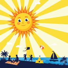 Obraz premium A sunny beach scene with a smiling sun, people, and a sailboat
