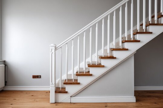 Interior staircase with white balusters and wooden steps.