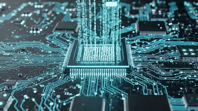 Central processing unit on a circuit board with glowing binary data flowing