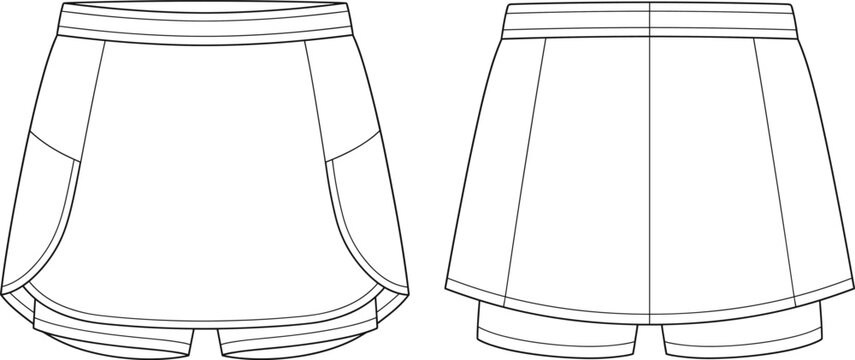 Blank women athletic skort flat technical sketch vector template showing front and back views for fashion design.