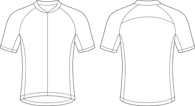 Blank cycling jersey template vector technical sketch with front and back views for sportswear custom design.