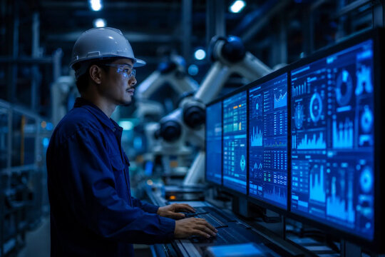 Male engineer in hard hat monitoring industrial data on multiple screens in smart factory control room