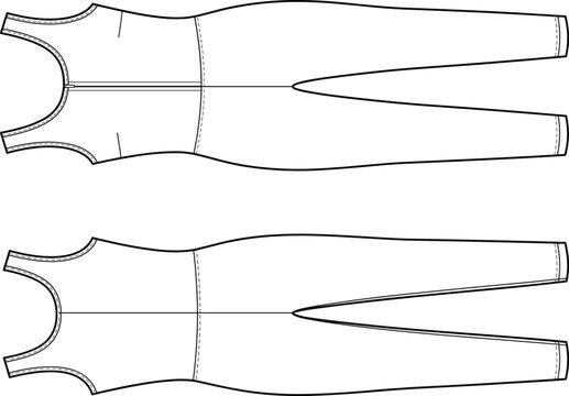 Blank jumpsuit flat technical sketch vector template showing front and back views for fashion design.