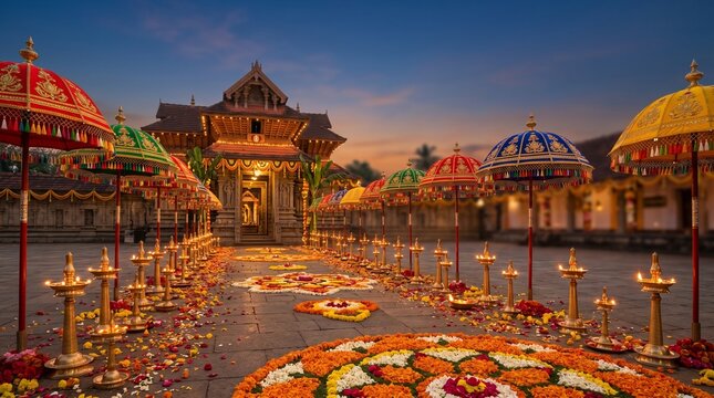 Athachamayam, traditional brass oil lamps, ceremonial silk umbrellas and flower petals arranged in a divine cultural composition