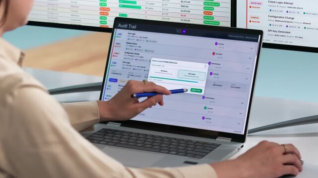 Auditor Reviews Data Logs On Laptop To Ensure Compliance