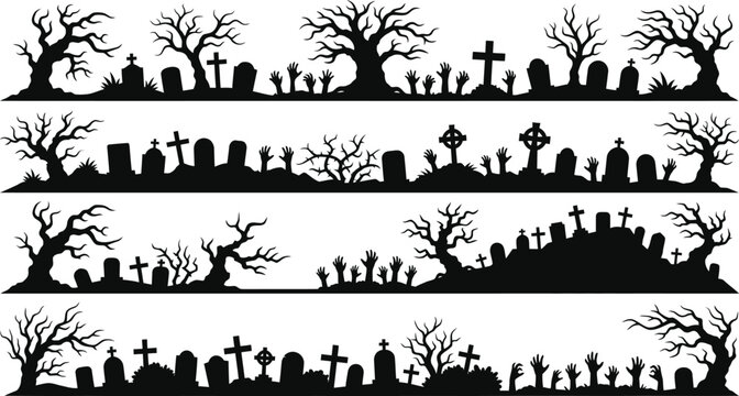 Set of spooky graveyard silhouettes with trees and zombies on white background