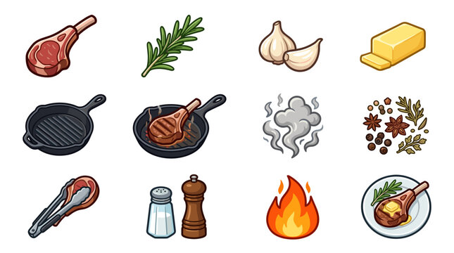 Collection of ingredients and cooking elements for preparing a meal.