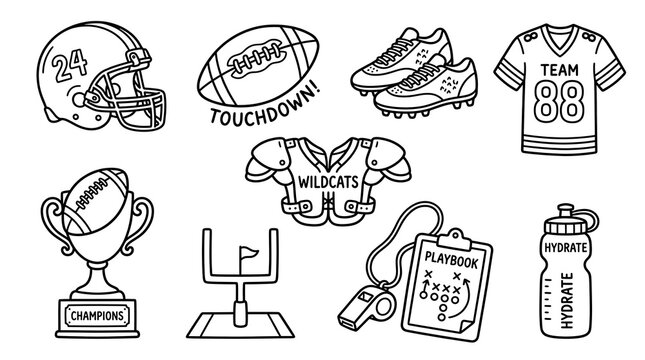 Hand-drawn American Football Equipment and Accessories Doodle Set.