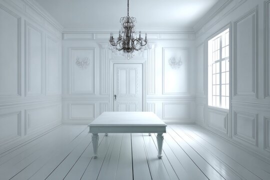 Elegant white room with chandelier and table features ornate paneling.