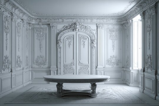 Ornate white room features a large oval table on a patterned rug.