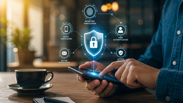 Man using smartphone with biometric verification and data security system interface.