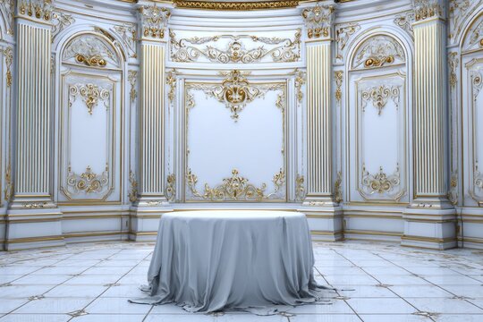Ornate room with covered table and gold accents.