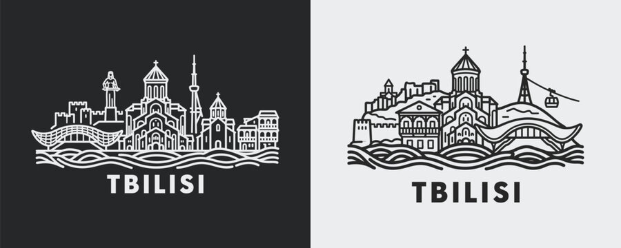 Tbilisi City Skyline Line Art Illustration Featuring Georgia Capital Landmark Architecture in Black and White Linear Style