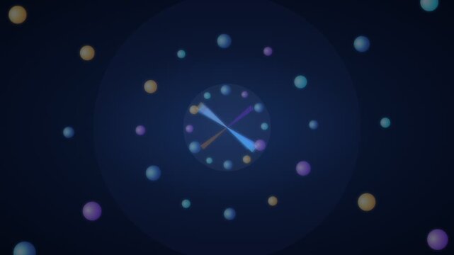 Abstract futuristic digital clock with glowing particles and light beams.