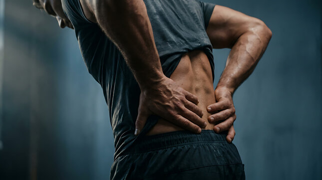 Man holding his sore lower back in pain after exercise or workout in a dimly lit gym environment