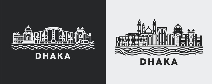 Dhaka City Skyline Line Art Illustration Featuring Bangladesh Capital Landmark Architecture in Black and White Linear Style