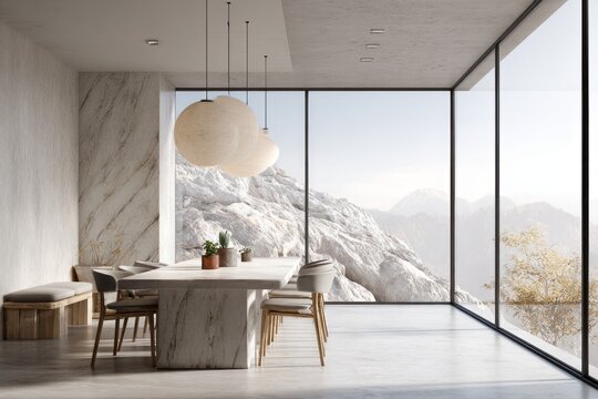 Modern dining area with panoramic mountain views through large windows.