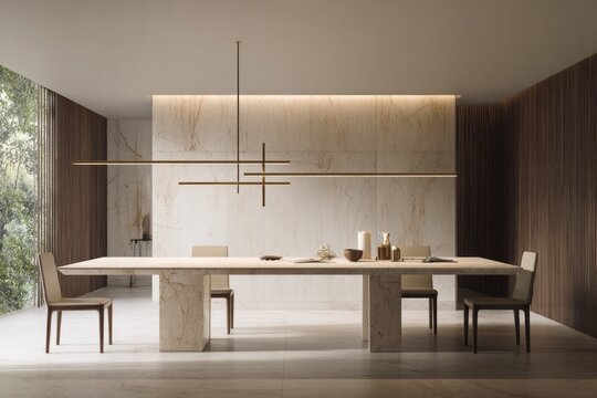 Modern dining room features a long marble table and minimalist chairs.