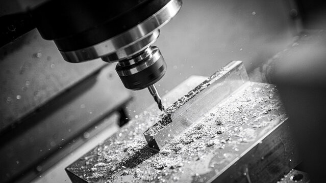Close up of automated cnc milling machine drilling metal piece with coolant fluid splashing.
