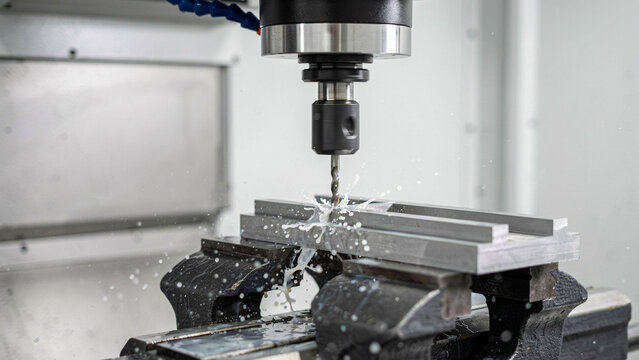 Close up of automated cnc milling machine drilling metal piece with coolant fluid splashing.
