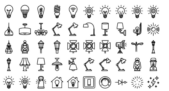 Collection of modern lighting fixtures and lamps in line art style for interior design and electrical concepts
