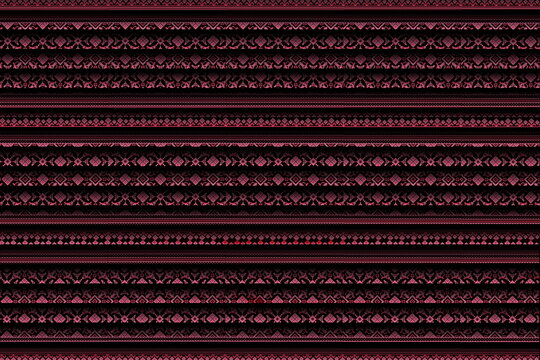 Dark traditional Serbian Pirot kilim seamless pattern with horizontal geometric stripes.