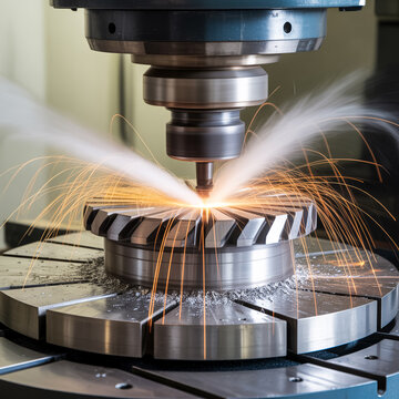 Heavy duty industrial cnc milling machine cutting steel gear with sparks flying.
