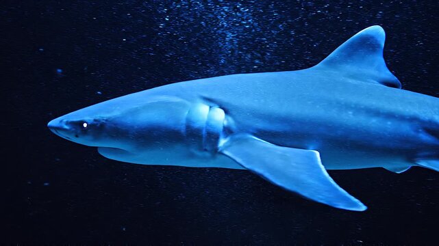 Cinematic Ghost Shark Emerging from Deep Ocean Darkness with Blue Bioluminescence 4K Wildlife Footage