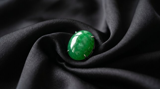Vibrant Green Jade Gemstone on Elegant Black Silk Fabric.