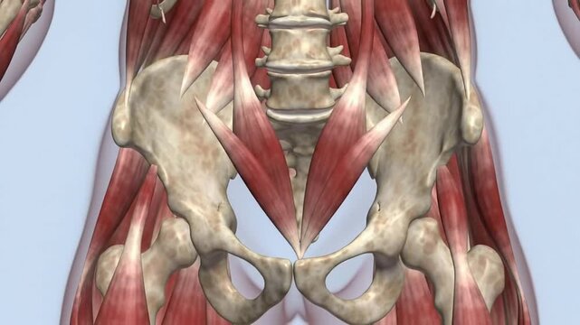 4K Detailed Deep-Tissue Cross-Section View Of The Human Pelvic Region Highlighting The Psoas Muscle And Skeletal Structure For Medical and Educational Use