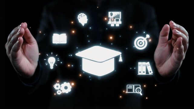 A pair of hands hold various education-related symbols, including a graduation cap, icons representing learning and technology, showcasing the essence of knowledge and achievement. Qubit